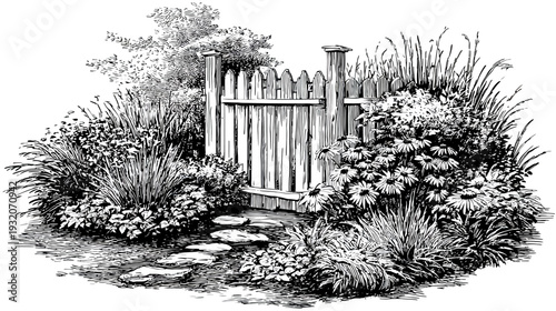 Black and white illustration depicts a wooden garden gate surrounded by lush foliage and a stone path