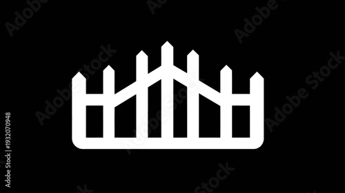 A stark, symmetrical design white picket fence silhouette set against a solid black background