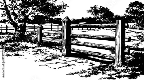 A black and white illustration of a wooden fence in a rural landscape, with trees and grass
