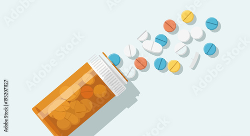 An orange prescription pill bottle tipped over, spilling a variety of colorful pills onto a light blue background.