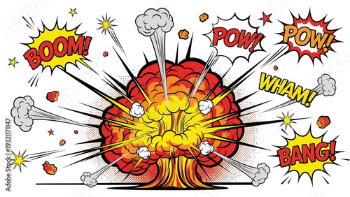 A vibrant comic book style explosion with the words BOOM, POW, WHAM, and BANG emanating from the blast.