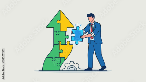 Businessman putting the final puzzle piece into a large upward arrow jigsaw, symbolizing strategic growth, problem solving, mission completion, corporate success, and achieving business goals.