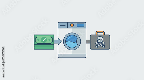 Illegal Money Laundering Concept Illustration with a Washing Machine Processing Cash into a Briefcase with a Skull and Crossbones Icon Representing Financial Crime, Corruption, and Fraud.