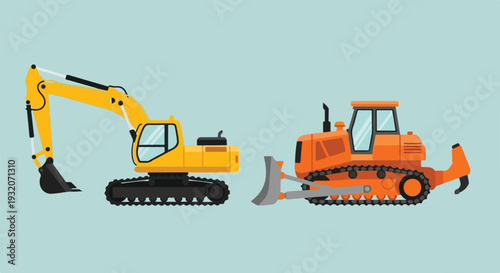 Two heavy construction vehicles, a yellow excavator and an orange bulldozer, are depicted in a flat vector art style against a light blue background.