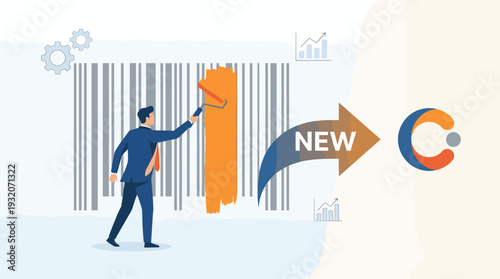 Professional Businessman Painting New Brand Identity Over an Old Barcode, Concept of Corporate Rebranding, Marketing Strategy, and Business Transformation with Modern Logo and Growth Icons.