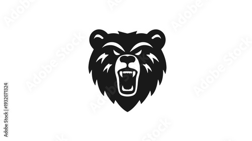 A monochrome illustration of a fierce bear's face, displaying sharp teeth, fur, and an open mouth