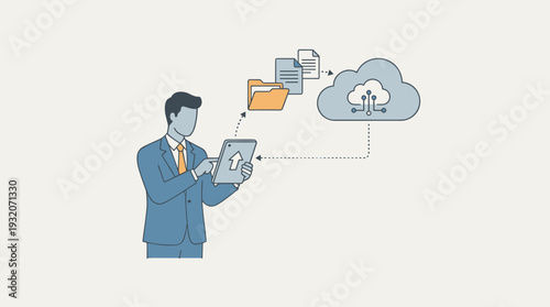 Businessman Using Tablet to Upload Files and Folders to Cloud Storage Service, Concept of Digital Data Sharing, Network Connectivity, Online Backup, and Modern Business Technology Solutions.