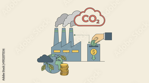 Carbon tax payment as factory CO2 gas emissions charge concept. Polluted air damage pricing for green economy, climate change mitigation, and industrial environmental impact vector illustration.