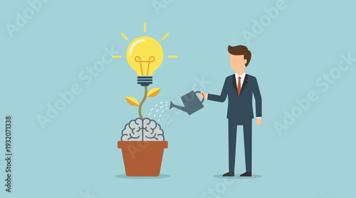 Businessman watering a growing lightbulb plant emerging from a brain in a pot, symbolizing personal growth, business innovation, creative thinking, and nurturing new ideas for future success.