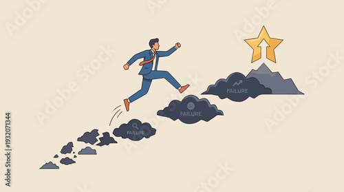 Businessman Jumping Over Clouds Labeled Failure to Reach a Mountain Peak with a Glowing Star and Upward Arrow, Concept of Overcoming Obstacles and Learning from Mistakes to Achieve Success.