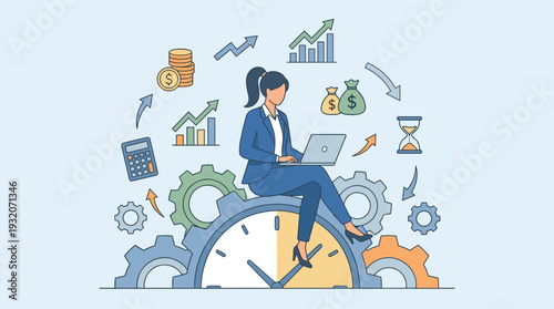 Professional businesswoman sitting on a giant clock working on a laptop, surrounded by financial growth icons like money bags, coins, bar charts, and gears. Concept of time management and profit.