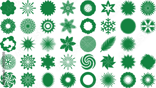Green abstract floral and snowflake shape collection featuring decorative radial ornaments, starburst and circular design elements, vector icons isolated on white background.