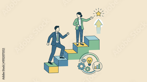 Business coaching and mentorship concept with professional consultant guiding employee to success and career growth, climbing stairs towards a star goal with lightbulb idea and data chart icons.
