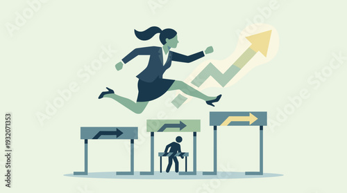 Ambitious businesswoman jumping over hurdles representing career obstacles and challenges to reach success. Vector illustration of professional growth, leadership, and overcoming barriers.