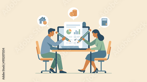 Professional man and woman collaborating on financial planning and budgeting, filling out a digital document on a screen with large pencils. Icons for housing, savings, and accounting calculations.