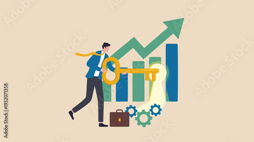 Businessman Holding Golden Key to Unlock Success and Growth Concept Illustration with Rising Bar Chart Arrow and Gears for Career Achievement Strategy and Financial Progress in Corporate World