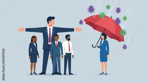 Business Leader Protecting Diverse Team and Woman with Umbrella Defending Against Coronavirus Pandemic and COVID-19 Virus Cells, Workplace Safety, Crisis Management and Leadership Concept.