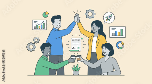 Diverse Business Team Celebrating Successful Deal with High Five and Coffee Toast, Signed Contract, Financial Charts, and Growth Icons, Concept of Partnership, Teamwork, and Achievement.