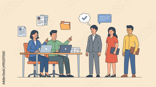 HR Managers Searching for New Employee and Choosing Best Candidate for Job. Recruitment Process, Human Resources Team Interviewing Applicants in Office. Professional Hiring Vector Illustration.