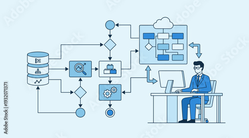 Professional businessman analyst working on a computer to organize database structure and company data analysis. Flat vector illustration of complex workflow, cloud computing, and system logic.