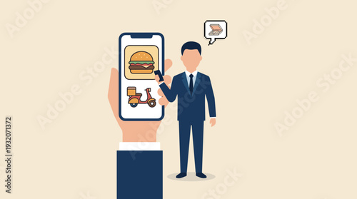 Businessman in a Suit Using a Mobile App to Order Food Online, Smartphone Screen Showing Burger and Delivery Scooter Icons, Pizza Box in Speech Bubble, Flat Vector Illustration for Business