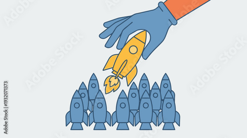 Business Leadership and Startup Concept Illustration Showing a Large Hand Picking a Unique Yellow Rocket from a Group of Blue Rockets Representing Success, Growth, Selection, and Standout Talent.