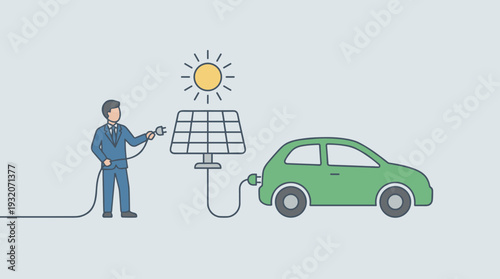 Businessman charging a green electric car using solar energy from a sun-powered panel, concept of renewable energy, sustainability, and eco-friendly transportation, flat vector illustration style.