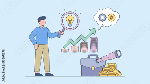 Businessman searching for investment opportunities and innovative ideas to make money, entrepreneur looking through magnifying glass at light bulb with rising profit graph and financial growth.