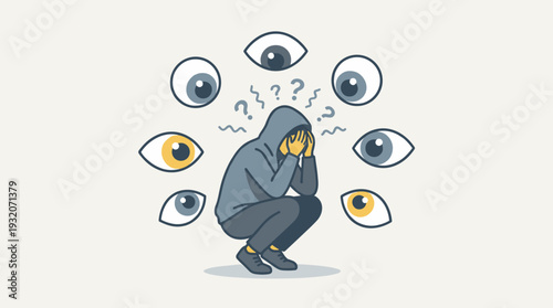 Vector Illustration of a Man in a Hoodie Crouching and Covering His Face, Surrounded by Giant Watching Eyes and Question Marks, Representing Social Anxiety, Paranoia, Fear, and Mental Health Issues.