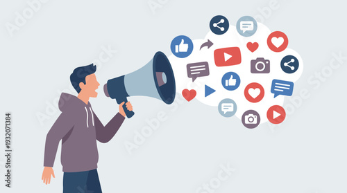 Social Media Influencer Marketing Concept with Man Shouting into Megaphone and Digital Icons Like Heart Share and Video Emerging for Viral Content Advertising and Online Communication Strategy