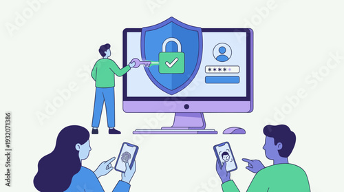 Cybersecurity and data protection concept with people using multi-factor authentication, fingerprint scanning, facial recognition, and secure passwords for safe login on computer and mobile.