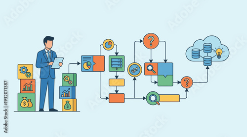 Businessman analyst organizing database structure and company data analysis workflow with building blocks, cloud computing, server management, and information processing flowchart illustration.