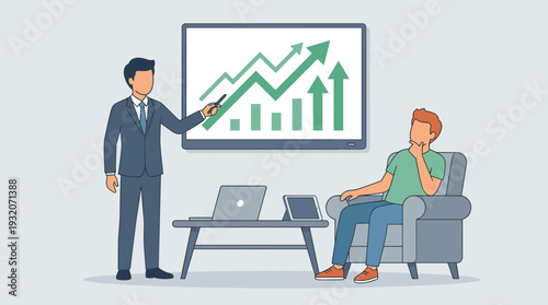 Businessman in a suit giving an online trading lesson and showing a stock market growth chart to a client sitting in an armchair, analyzing financial trends for investment and profit success.