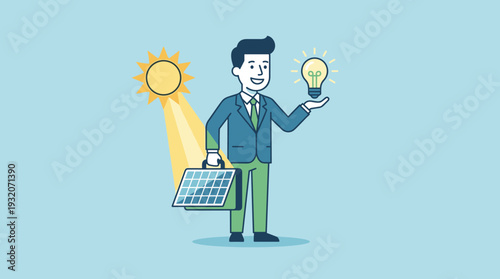 Renewable Energy Concept with a Businessman Carrying a Solar Panel Briefcase and Holding a Light Bulb, Symbolizing Sustainable Power, Green Technology, and Eco-Friendly Business Solutions.