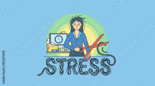 Stress Elimination and Burnout Prevention Concept with Tired Businesswoman Cutting Tangled Rope Word Stress, Mental Health Awareness, Work Life Balance, and Toxic Office Environment Relief.