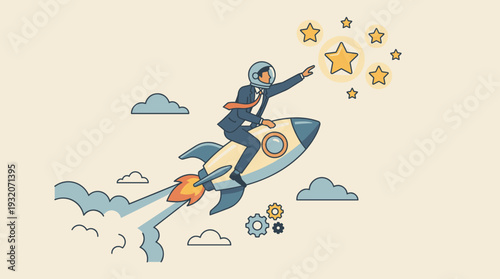 Businessman in a suit and astronaut helmet riding a rocket through the sky to reach for the stars, representing leadership, career growth, startup success, ambition, and achieving high goals.