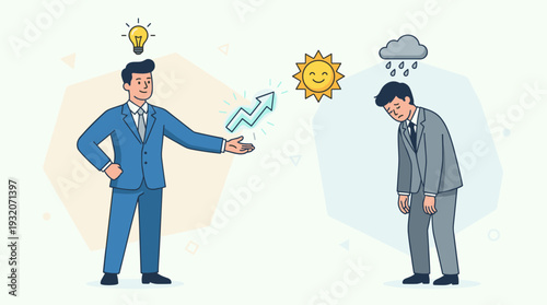 Successful Business Manager Sharing Positive Thinking Symbol with Depressed Employee, Concept of Workplace Mental Health Support, Optimism vs Pessimism, Motivation and Professional Career Growth