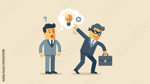 Businessman Stealing Idea or Plagiarism Concept with Masked Thief Taking Lightbulb Thought Bubble from Surprised Colleague, Intellectual Property Piracy and Infringement Vector Illustration