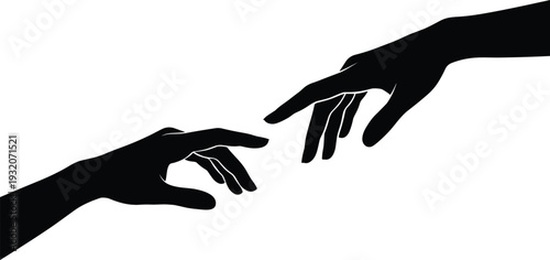 Human hands reaching silhouette inspired by classic creation concept, black vector illustration of touching fingers isolated on white background, symbolizing connection and hope.