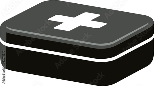 A medical container is presented as an isometric illustration with a prominent white cross on top