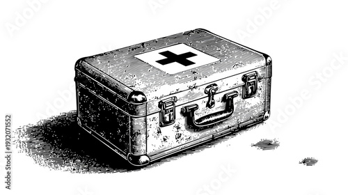 A vintage first-aid kit depicted in a detailed black and white illustration, casting a bold shadow