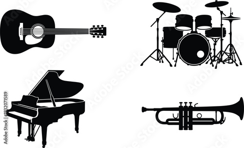 Musical instrument silhouette set featuring acoustic guitar, drum kit, grand piano and trumpet, black vector music icons isolated on white background.