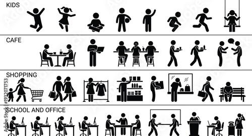 People activity silhouette set featuring kids, cafe customers, shopping scenes and school office workers, black vector icons isolated on white background.