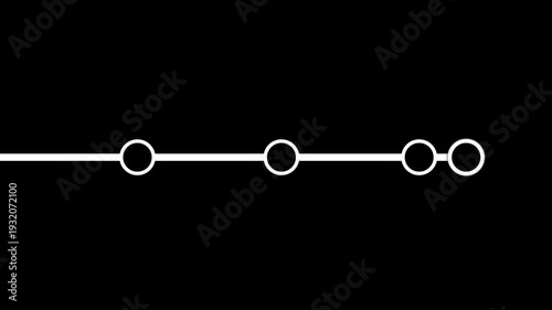 Minimalist horizontal timeline animation with growing white line and circular nodes on black background.