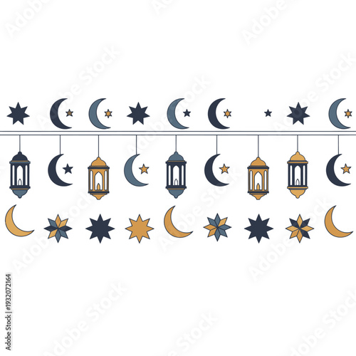 Ramadan Kareem decorative lanterns and moon phases.