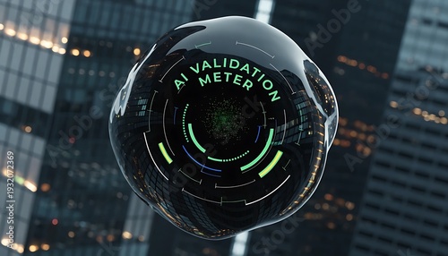 A glossy black sphere displays an ai validation meter against a blurred cityscape backdrop