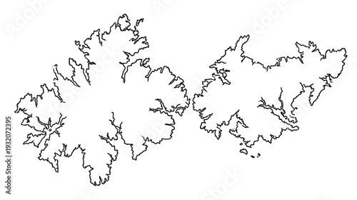 A stark white background presents two amorphous black shapes with irregular, complex, and jagged outer contours