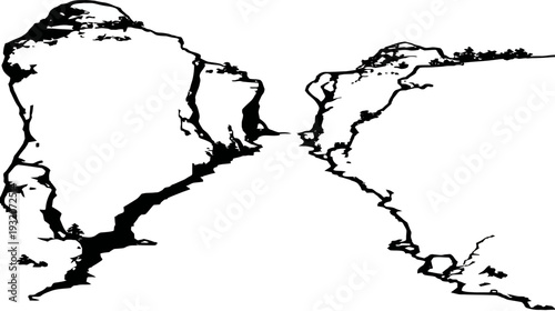 Stylized, symmetrical ink rendering depicting two land masses separated by a narrow passage