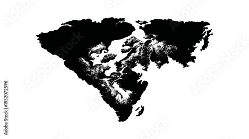 A striking monochromatic image depicting a landmass with mountainous regions and waterways