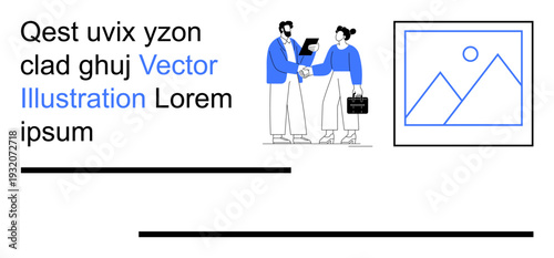 Teamwork, networking, partnership, corporate communication, business strategies, professional collaboration. Two professionals shaking hands, one holding a briefcase. Teamwork and networking concept